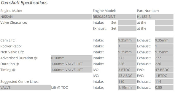 Kelford Cams - Camshaft Sets - Nissan RB20-25DE/DET 272/272 Non VCT - HL182-B.