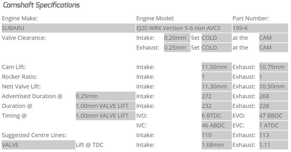 Kelford Cams - Camshaft Sets - Subaru EJ20 272 & 268/268 WRX STi Non-AVCS (Version 5-6) - 199-K.