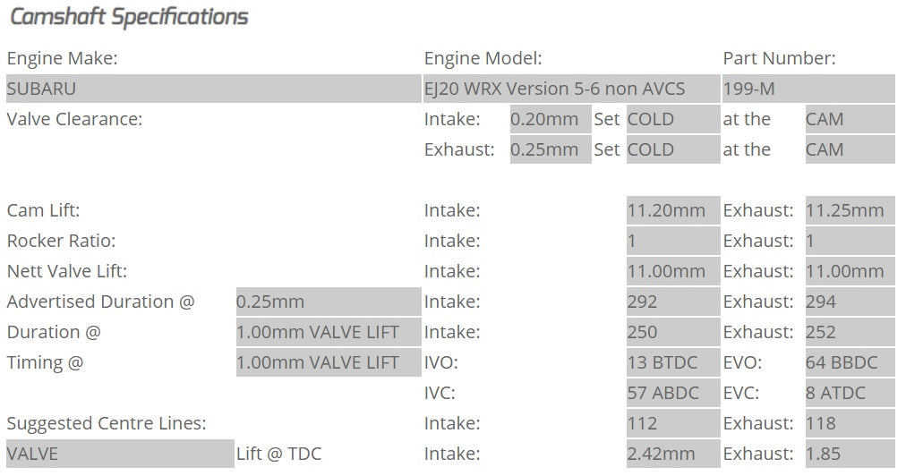 Kelford Cams - Camshaft Sets - Subaru EJ20 292 & 288/294 WRX STi Non-AVCS (Version 5-6) - 199-M.