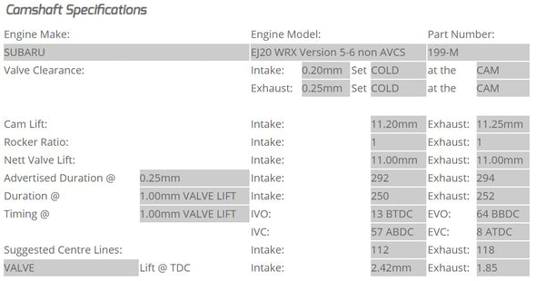 Kelford Cams - Camshaft Sets - Subaru EJ20 292 & 288/294 WRX STi Non-AVCS (Version 5-6) - 199-M.