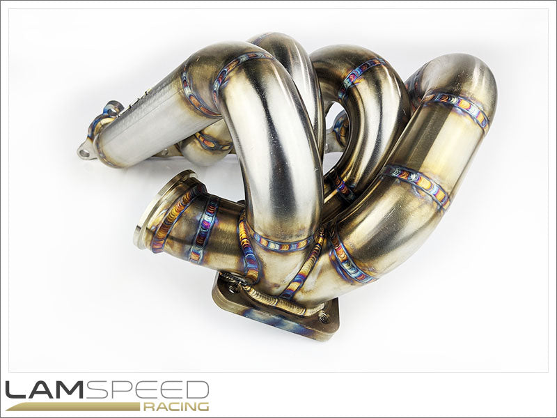 KLM Fabrications Mitsubishi Evolution 4-9 Forward Facing T4 Twin Scroll Exhaust Manifold.