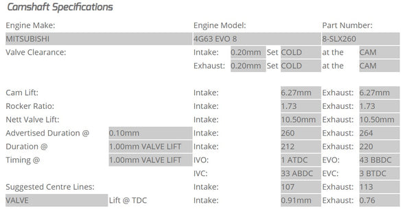 Kelford Cams - Camshaft Sets - Mitsubishi EVO 8 4G63 260/264 Solid Lifter Conversion - 8-SLX260.