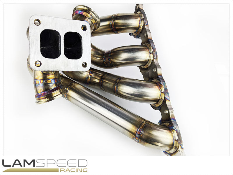 KLM Fabrications Mitsubishi Evolution 4-9 Forward Facing T4 Twin Scroll Exhaust Manifold.