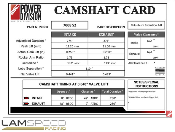 GSC Power-Division Billet Mitsubishi Evolution 4-8 S2 274 Camshafts (7008S2)
