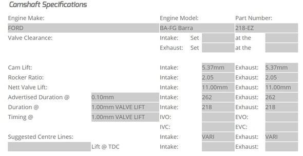 Kelford Cams - Camshaft Sets - Ford Barra 262/262 "DROP IN" 24 Valve BA-FG - 218-EZ.