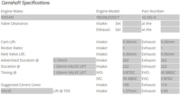 Kelford Cams - Camshaft Sets - Nissan RB20-25DE/DET 262/262 Non VCT - HL182-A.