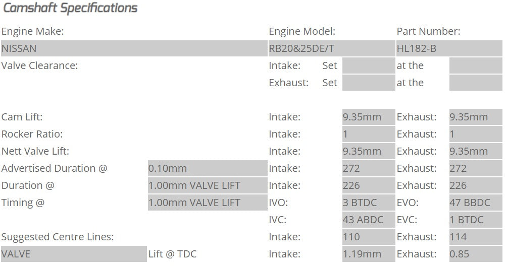 Kelford Cams - Camshaft Sets - Nissan RB20-25DE/DET 272/272 Non VCT - HL182-B.