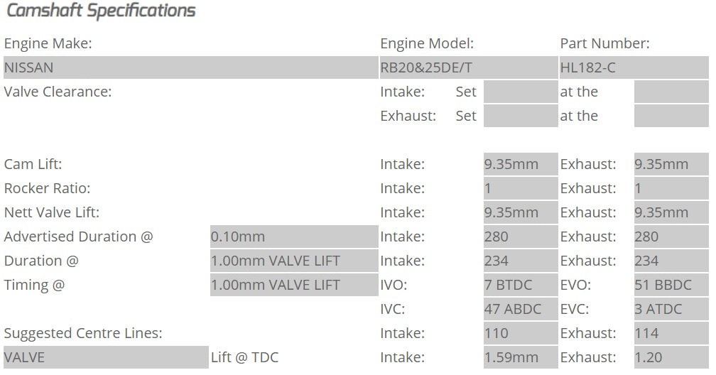 Kelford Cams - Camshaft Sets - Nissan RB20-25DE/DET 280/280 Non VCT - HL182-C.