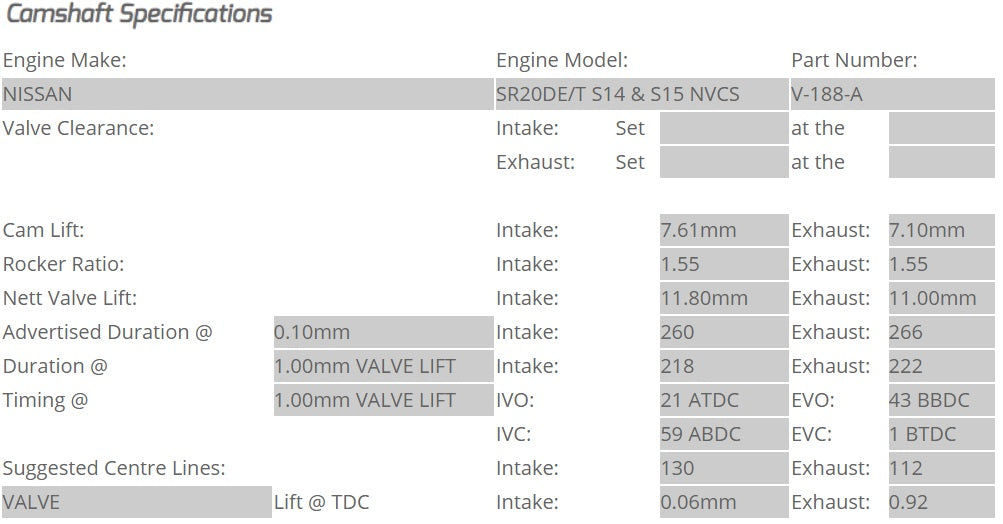 Kelford Cams - Camshaft Sets - Nissan 260/266 SR20DET NVCS - V-188-A.